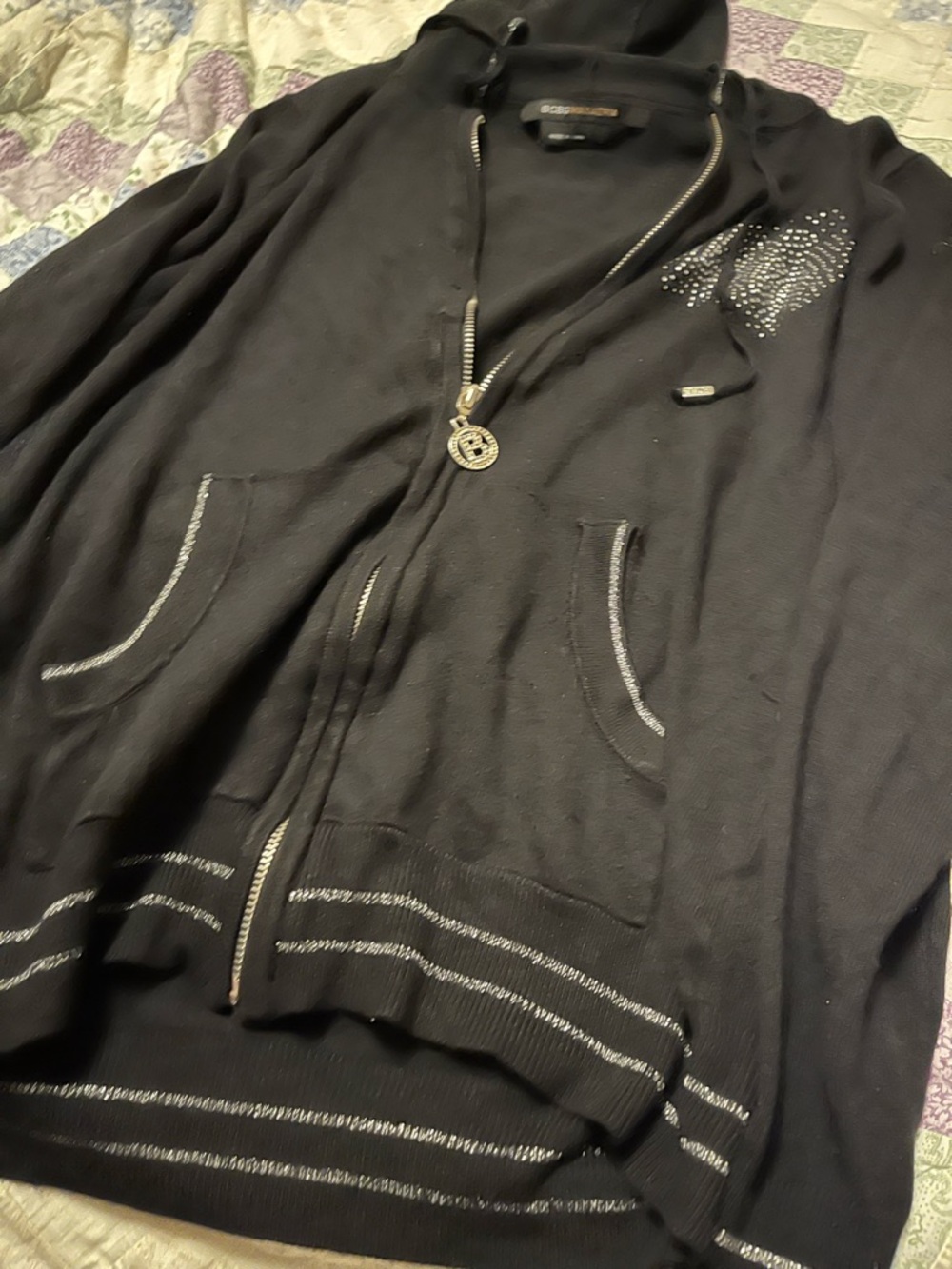 BCBGMaxAzria Black Zip Hoodie with Silver Stud Accent